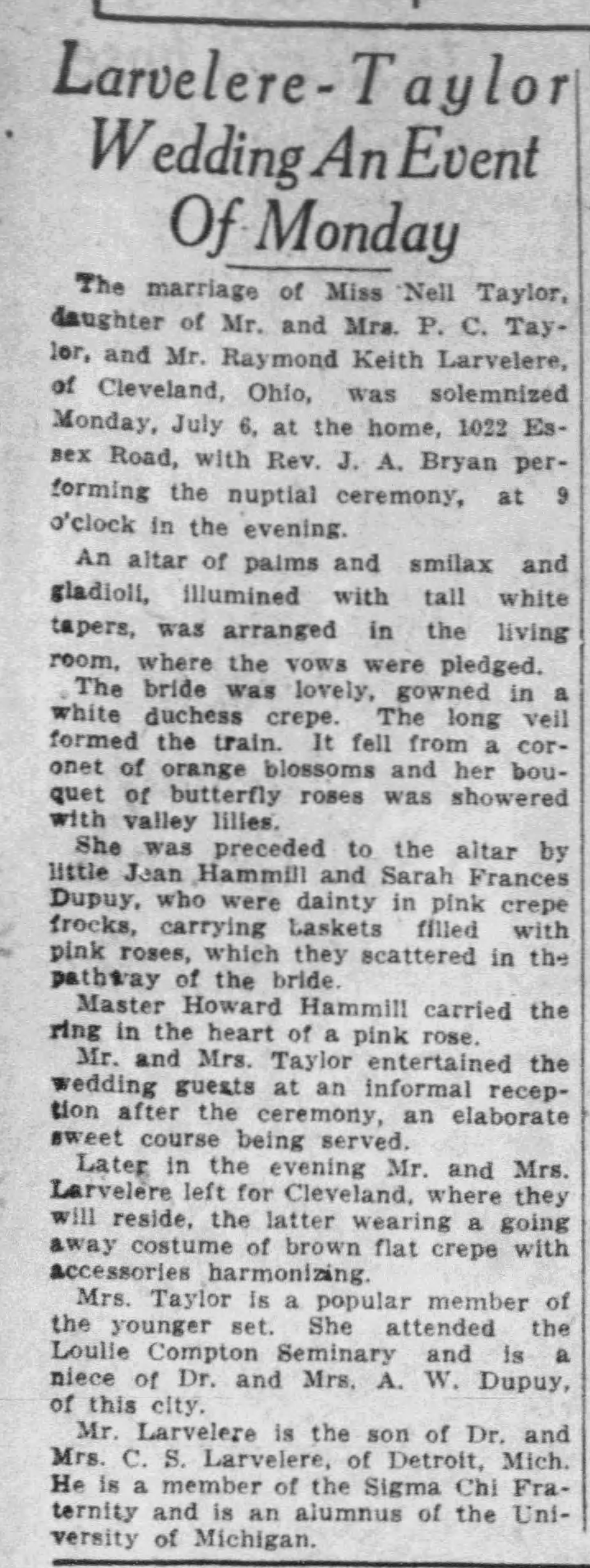 Larvelere-Taylor Wedding An Event of Monday